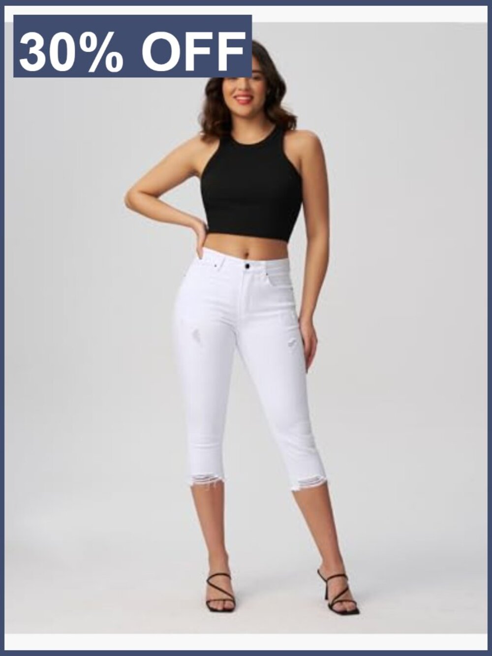 Mid Rise Capri Skinny Ripped Stretch Cropped Distressed Jeans - Picture 3 of 7